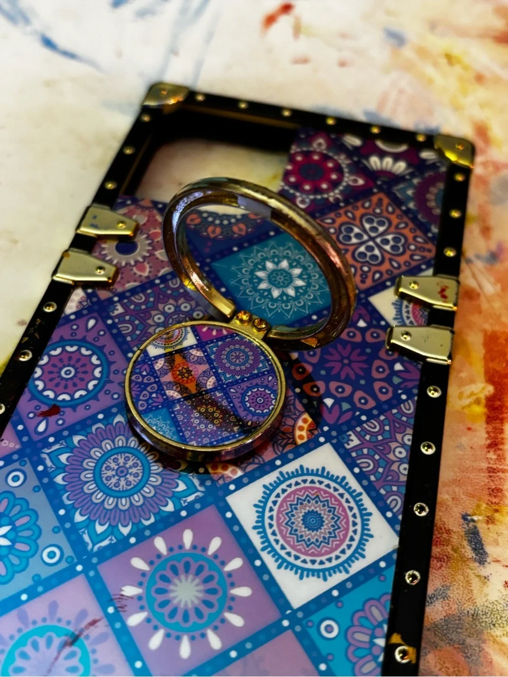 Colorful Mosaic Pattern Trunk Style iPhone 15 Case with Gold Ring